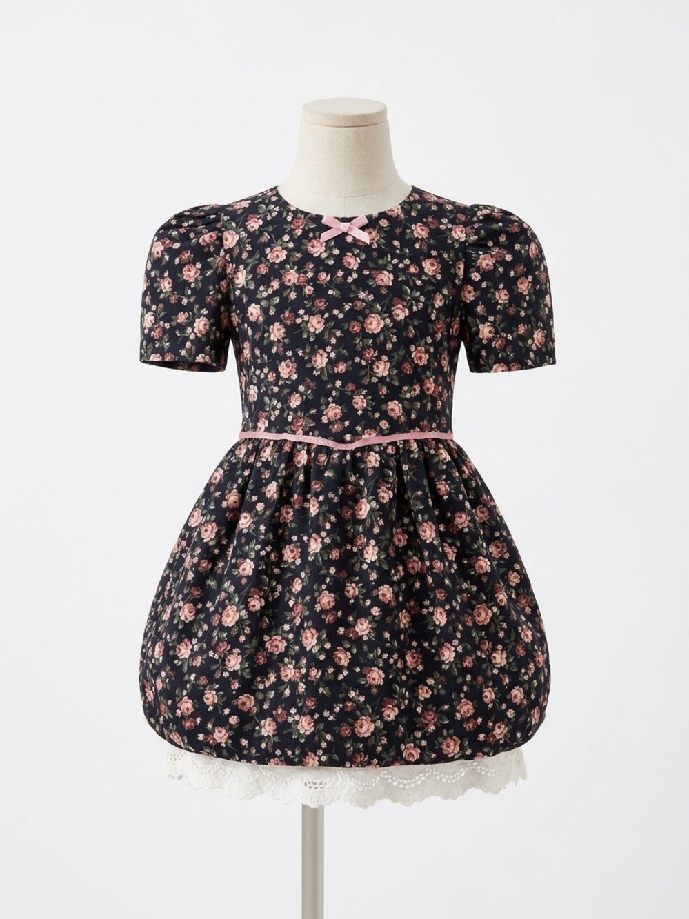 Navy Floral Bubble Dress with Pink Trim